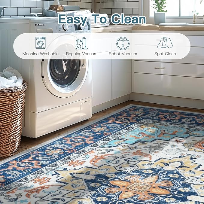 Lofus 9x12 Area Rugs for Living Room, Washable Area Rug, Rugs for Bedroom, Kitchen, Vintage Boho Carpet, Soft Non-Slip, Low Pile Large Area Rug for Office Dining Room, Floral Blue