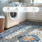 Lofus 9x12 Area Rugs for Living Room, Washable Area Rug, Rugs for Bedroom, Kitchen, Vintage Boho Carpet, Soft Non-Slip, Low Pile Large Area Rug for Office Dining Room, Floral Blue