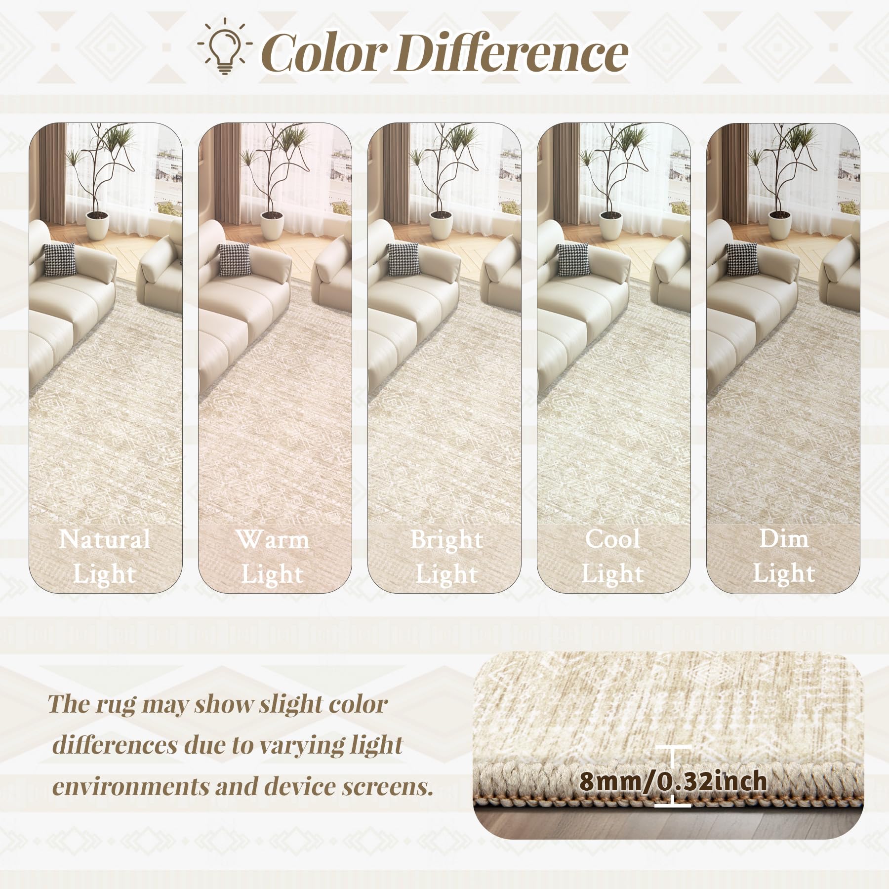 2x8 Washable Runner Rug: Moroccan Geometric Boho Rug Farmhouse Non Slip Stain Resistant Rugs Low Pile Soft Carpet for Porch Kitchen Laundry Room Living Room Bedroom (Beige,2'x8')