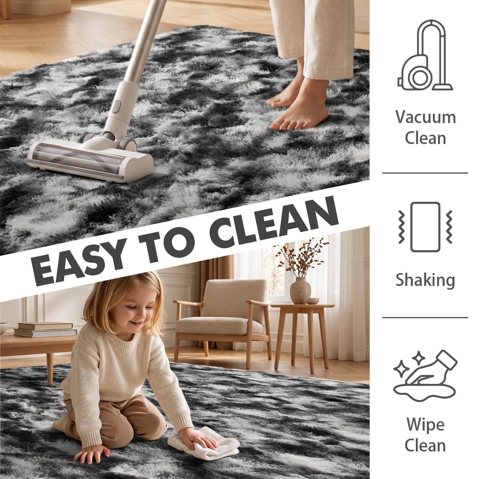 4x6 Ft Shag Area Rug for Bedroom Living Room, Tie-Dyed Ultra Soft Fluffy Furry Rugs for Indoor Floor, Aesthetic Carpet for Kids Home Decor (Black Grey)