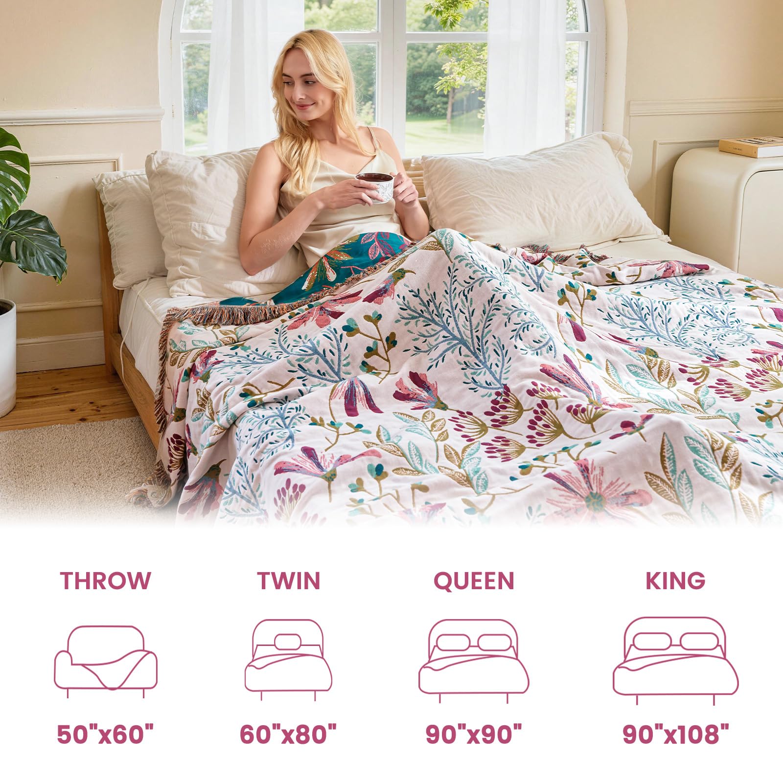 MSGKV Boho Throw Blanket 50"x60" 100% Cotton Floral Throw for Couch Sofa