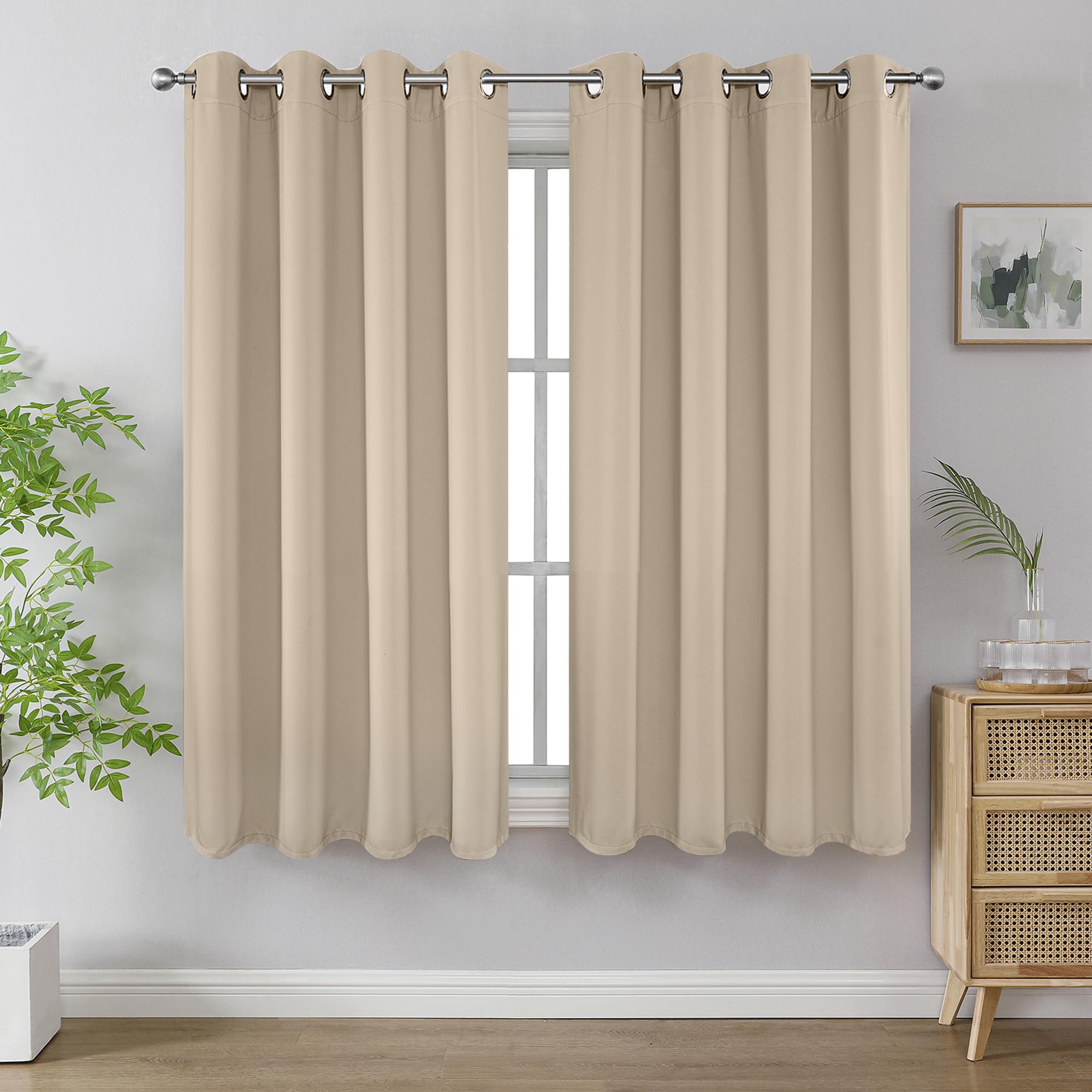 Joydeco Blackout Curtains 72 Inch Length 2 Panels Set, Thermal Insulated Long Curtains& Drapes 2 Burg, Room Darkening Grommet Drapes for Living Room Bedroom Window (W52 x L72 Inch, Light Beige)