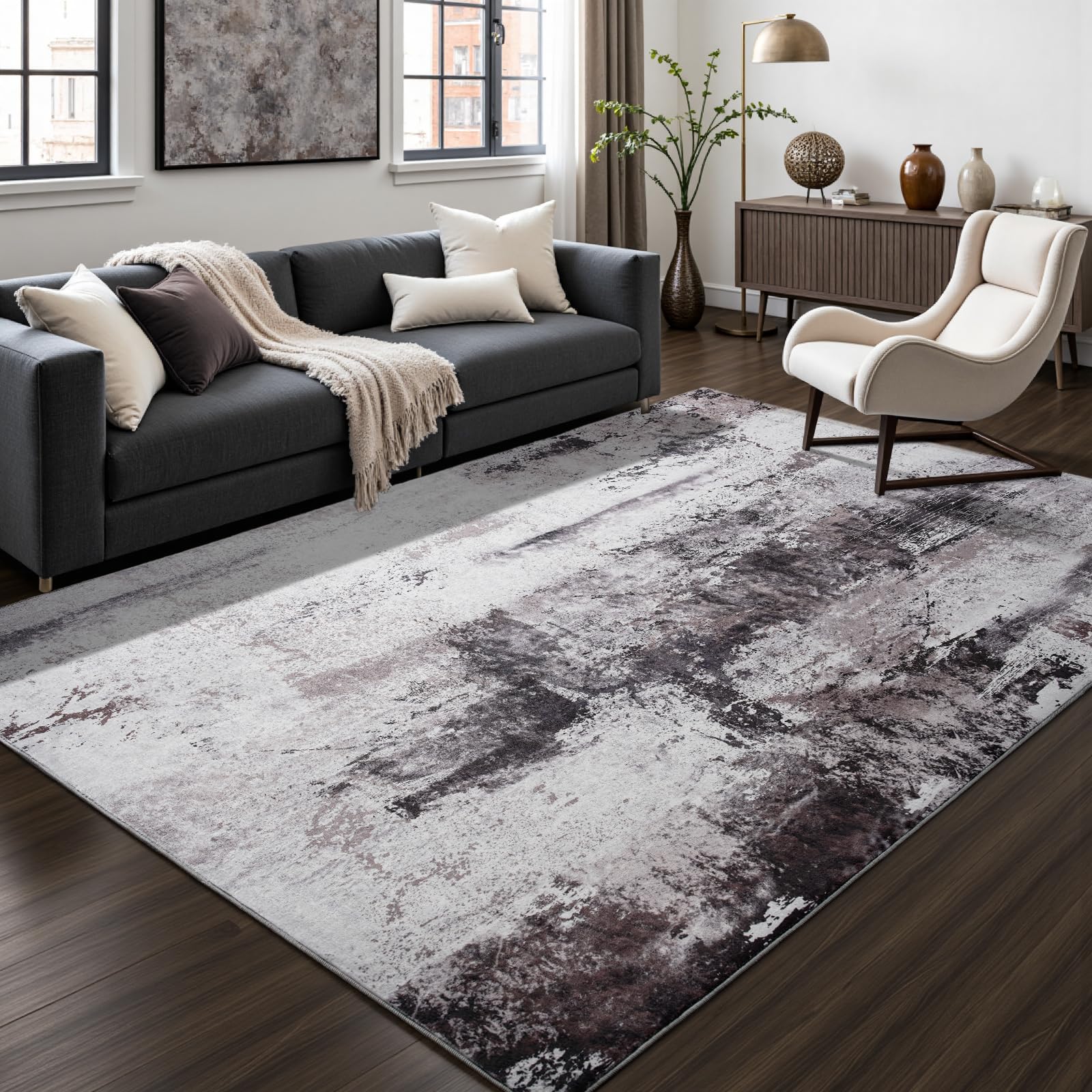 Toneed Abstract Area Rug Modern Washable Rug Soft Non Slip Rug Low Pile for Bedroom Living Room Dining Room Coffee Brown 5x7 Feet
