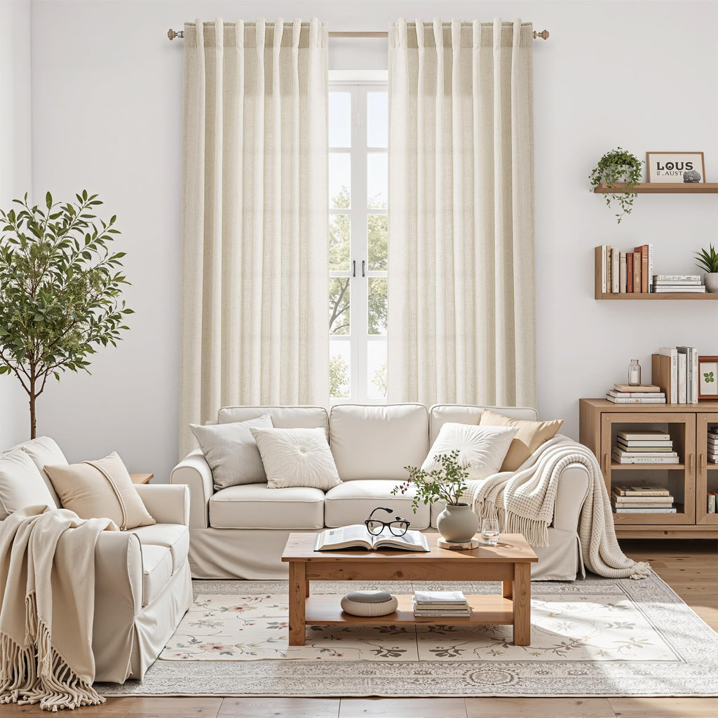 Nanspring Living Room Curtains 63 Inch Length Linen Birch Beige Luxury Light Filtering Semi Sheer Curtain Back Tab Modern Farmhouse Decor Elegant Coastal Drapes for Bedroom Office 52x63, 2 Panels