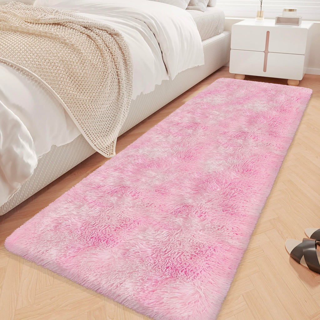 JiaoBaba Super Soft Fluffy Living Room Area Rug 2x6 ft Tie-Dyed Light Pink Shaggy Furry Carpet Washable Non-Slip Floor Rugs Bedroom Bedside Nursery Kawaii Rug Fuzzy Girls Dorm Home Decor Aesthetic