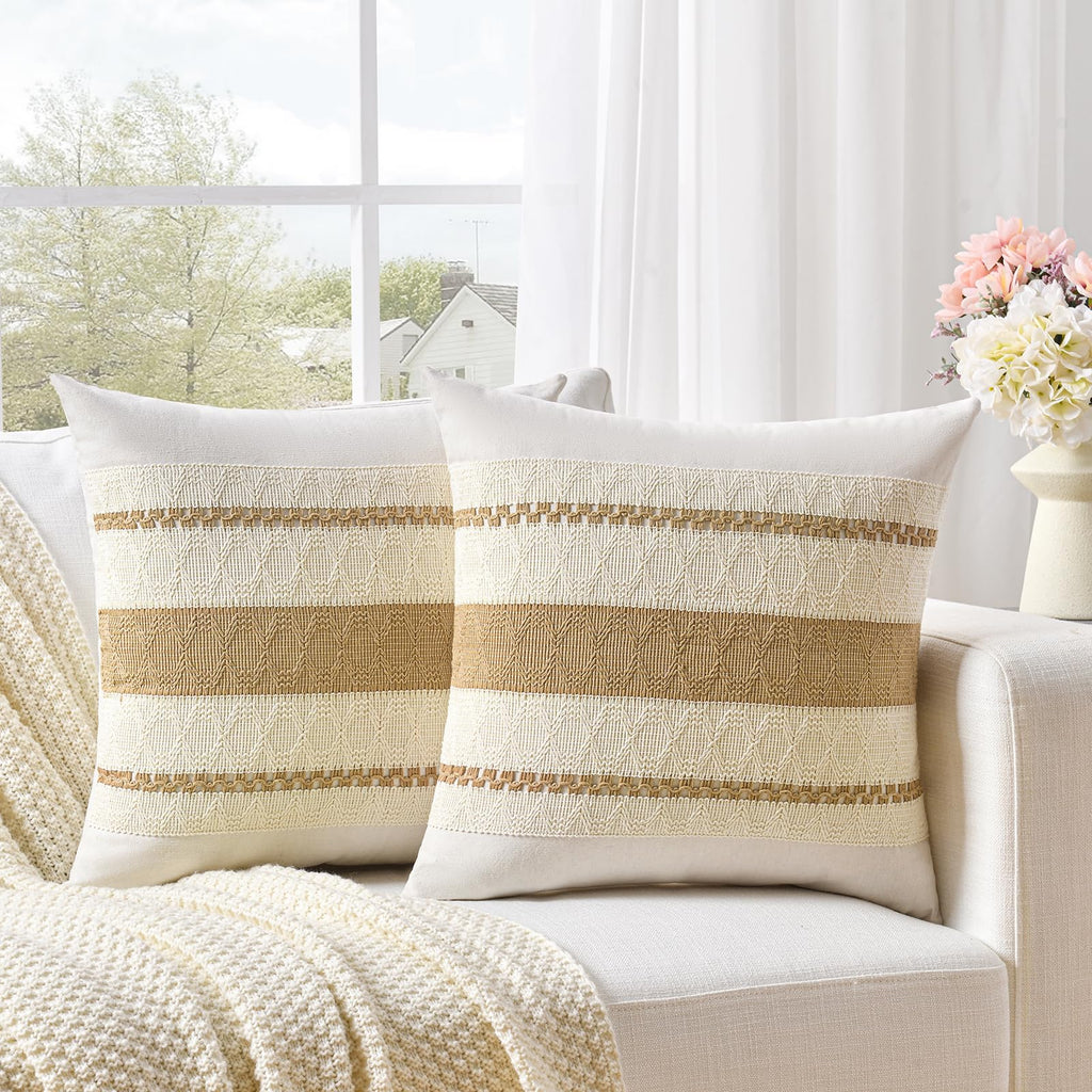 Fancy Homi Set of 1 Tan Neutral Decorative Throw Pillow Cover 20x20 Inch for Couch Bed Sofa, Aesthetic Modern Organic Farmhouse Boho Home Decor, Soft Cotton Cute Accent Macrame Woven Cushion Case