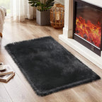 Ciicool Black Fur Fluffy Rug, 2x4 ft Small Faux Fur Rug for Bedroom, Washable Faux Sheepskin Rugs for Sofa Couch Seat Cushion, Thick Shaggy Furry Floor Carpets for Bedside Living Room