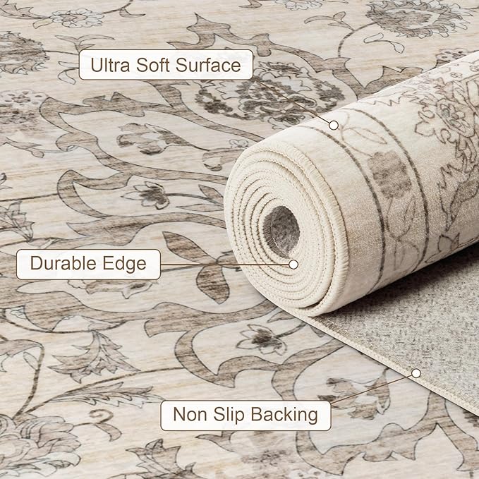 Area Rugs 9x12 Living Room Rug: Washable Rug Soft Vintage Distressed Floral Carpet Indoor Non-Slip Stain Resistant Large Carpets for Bedroom Dining Room Farmhouse Nursery Home Office Brown Beige