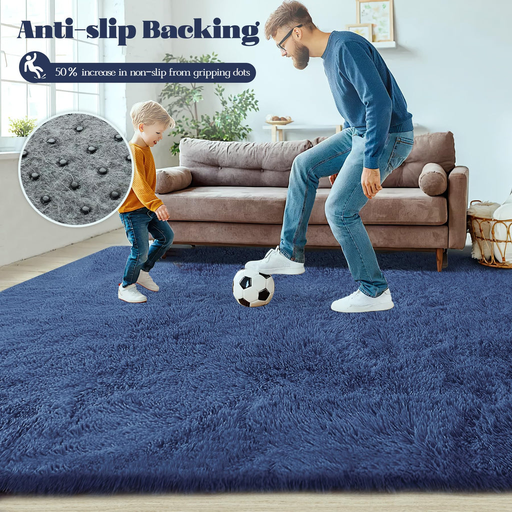 2x6 Runner Rug for Bedroom: Fluffy Shag Soft Washable Rugs Small Fuzzy Plush Indoor Carpet for Hallway Bedside Dorm Kids Girls Boys Room (Navy Blue, 2'x6')