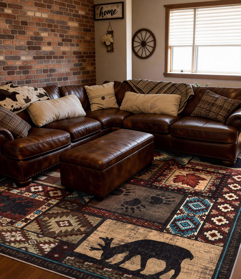 YIHOUSE Rustic Cabin Area Rug 8x10,Machine Washable Lodge Bear Rug,Non-Slip Low Pile Print Pattern Southwestern Rug for Living Room Bedroom