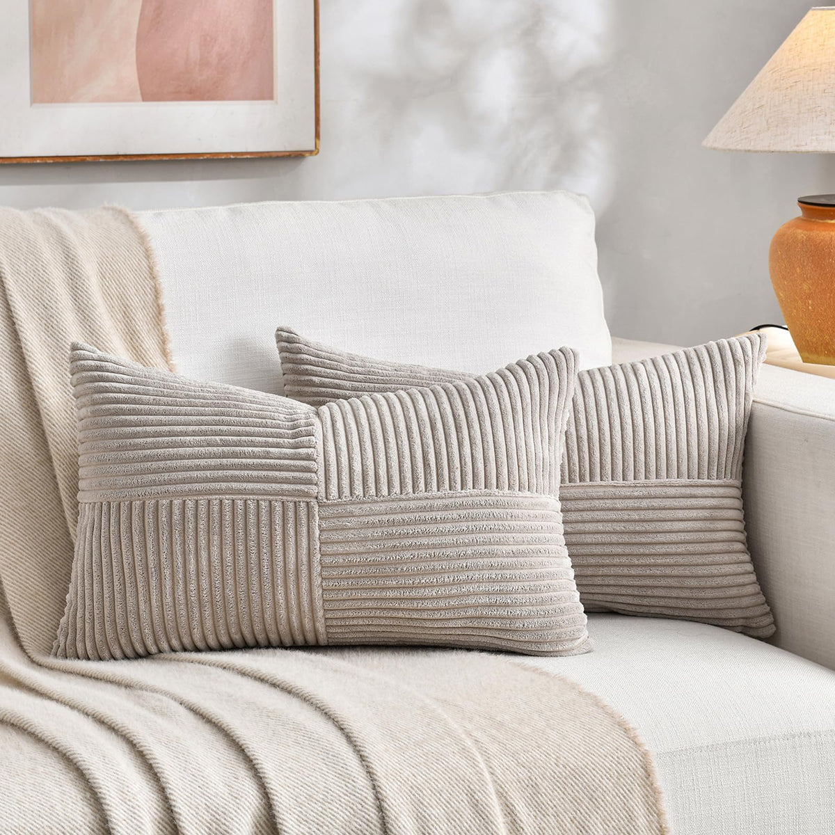 Fancy Homi 2 Packs Navy Blue Lumbar Decorative Throw Pillow Covers 16x26 Inch for Living Room Couch Bed Sofa, Farmhouse Home Decor, Soft Striped Corduroy Rectangle Accent Cushion Case 65x40 cm