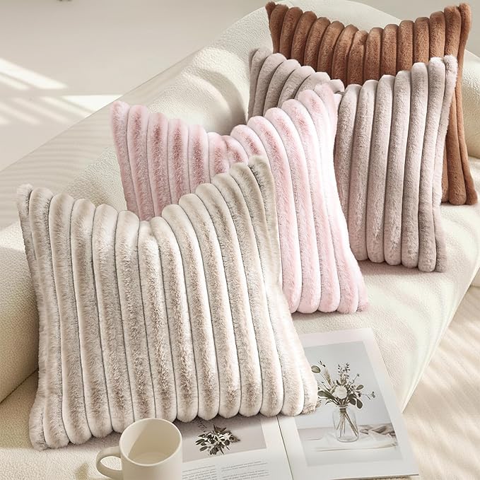 decorUhome Cozy Faux Fur Throw Pillow Covers 12x20 Set of 2 Decorative Soft Plush Striped Lumbar Modern Farmhouse Boho Couch Pillow Cases with Velvet Back for Sofa Bed Living Room, Brown