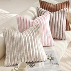 decorUhome Summer Cozy Faux Fur Throw Pillow Covers 22x22 Set of 2 Decorative Plush Striped Modern Farmhouse Boho Couch Euro Sham Pillow Cases with Velvet Back for Sofa Bed Living Roomr, Pink White