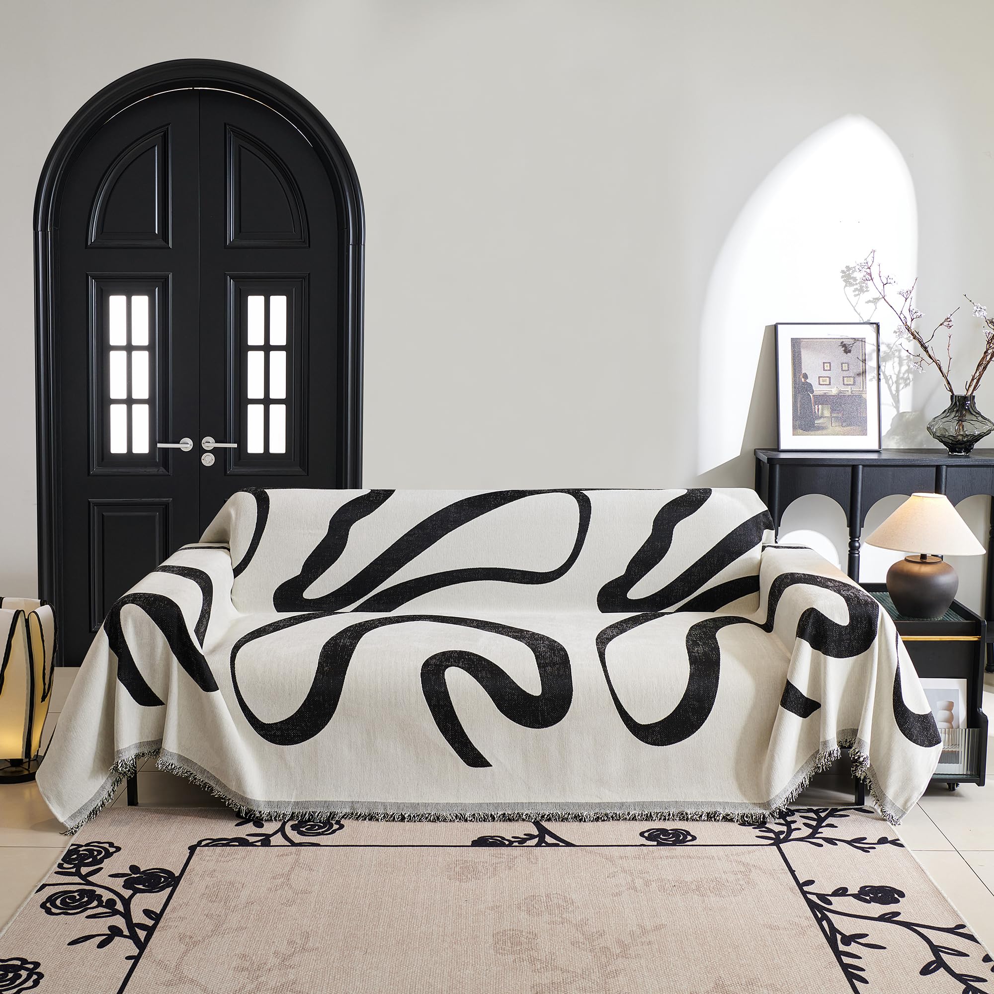 MYSKY HOME Boho Couch Cover Super Soft Couch Covers for 2-3 Cushion Couch Sofa, Modern Black Jacquard Sofa Slipcover Loveseat Futon Cover, Couch Covers for Sectional Sofa, 71" x 102", Black Curve