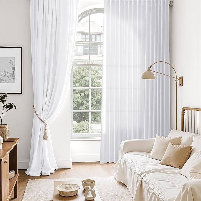 Snow White Linen Curtains 108 Inches Long for Living Room Light Filtering Semi Sheer Curtain Back Tab Luxury Neutral Modern Farmhouse Decor Floor to Ceiling High Window for Bedroom 52x108,2 Panels