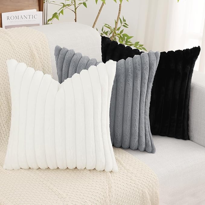 decorUhome Summer Cozy Faux Fur Throw Pillow Covers 18x18 Set of 2 Decorative Soft Plush Striped Modern Farmhouse Boho Couch Pillow Cases with Velvet Back for Sofa Bed Living Room, White