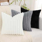 decorUhome Summer Cozy Faux Fur Throw Pillow Covers 18x18 Set of 2 Decorative Soft Plush Striped Modern Farmhouse Boho Couch Pillow Cases with Velvet Back for Sofa Bed Living Room, White