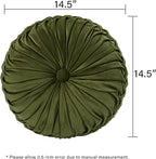 HIG Set of 2 Decorative Round Pleated Throw Pillows, Classy Accent Pumpkin Throw Pillows with Center Button, Vintage Velvet Floor Pillows for Sofa Couch Vanity Chair Bed, Olive, 14.5" Diameter(Ripple)