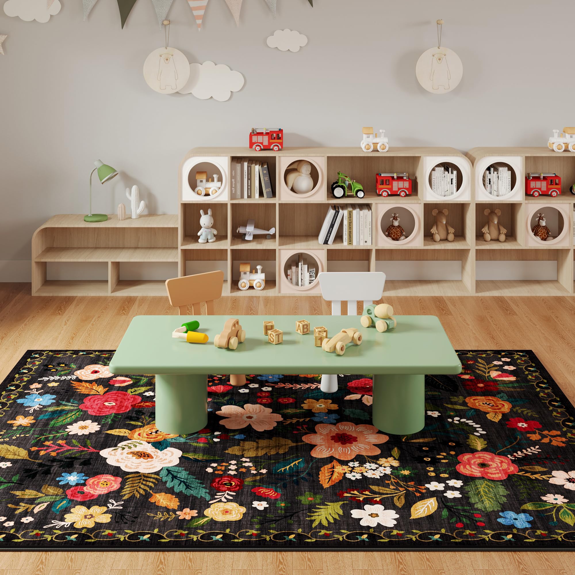 Rugcomf Area Rugs 9x12 Living Room Clearance Washable Boho Rug Non Slip Floral Vintage Low Pile Large Rug for Living Room, Bedroom, Farmhouse, Dining Room, Kids Playroom(Black)