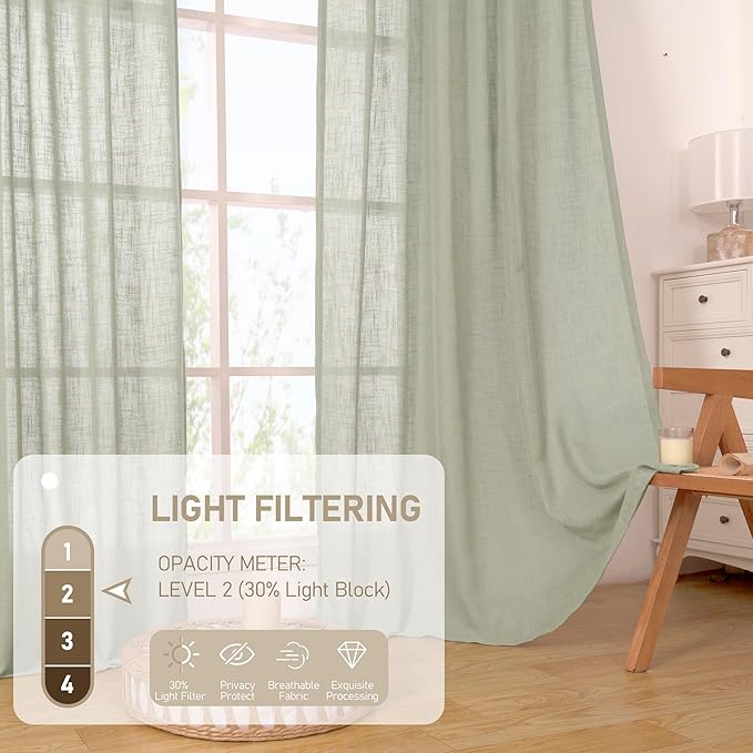 LAMIT Sage Grey Linen Curtains 90 Inch for Living Room, Semi Sheer Panels