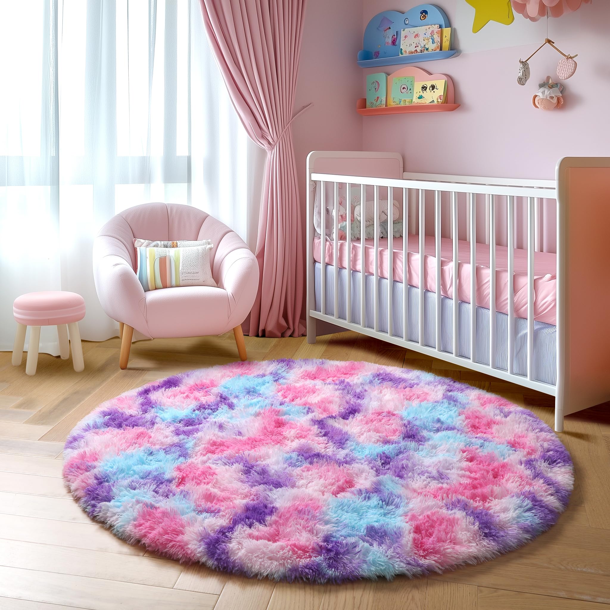 Amdrebio Pink Blue Purple Fluffy Large Round Rug 6Ft for Girls Kids Bedroom