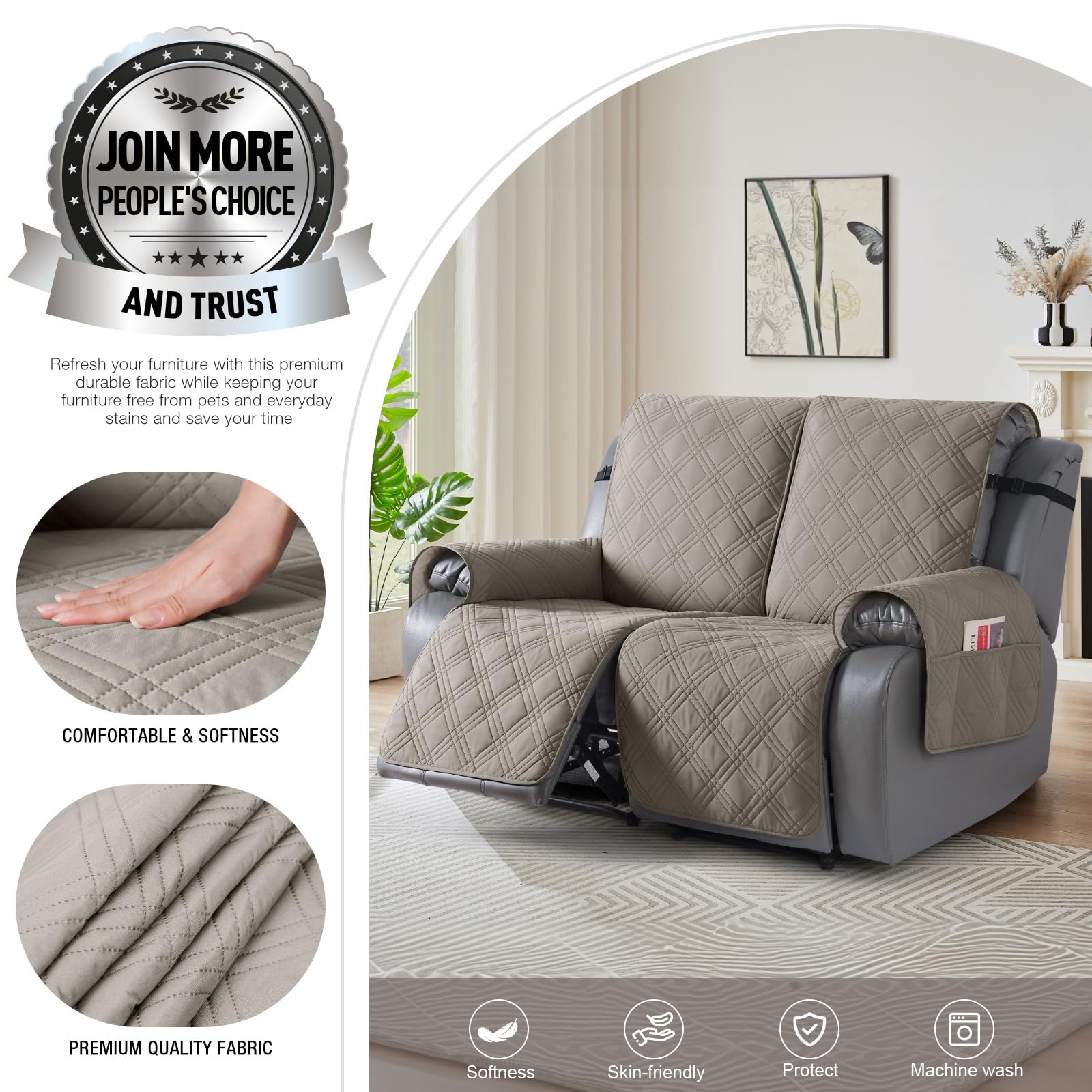 TAOCOCO 100% Waterproof Oversized Loveseat Recliner Cover, Non Slip Split Couch Covers for Reclining Loveseat with Elastic Straps for Kids Pets(Oversized 2 Seater, Light Browm)