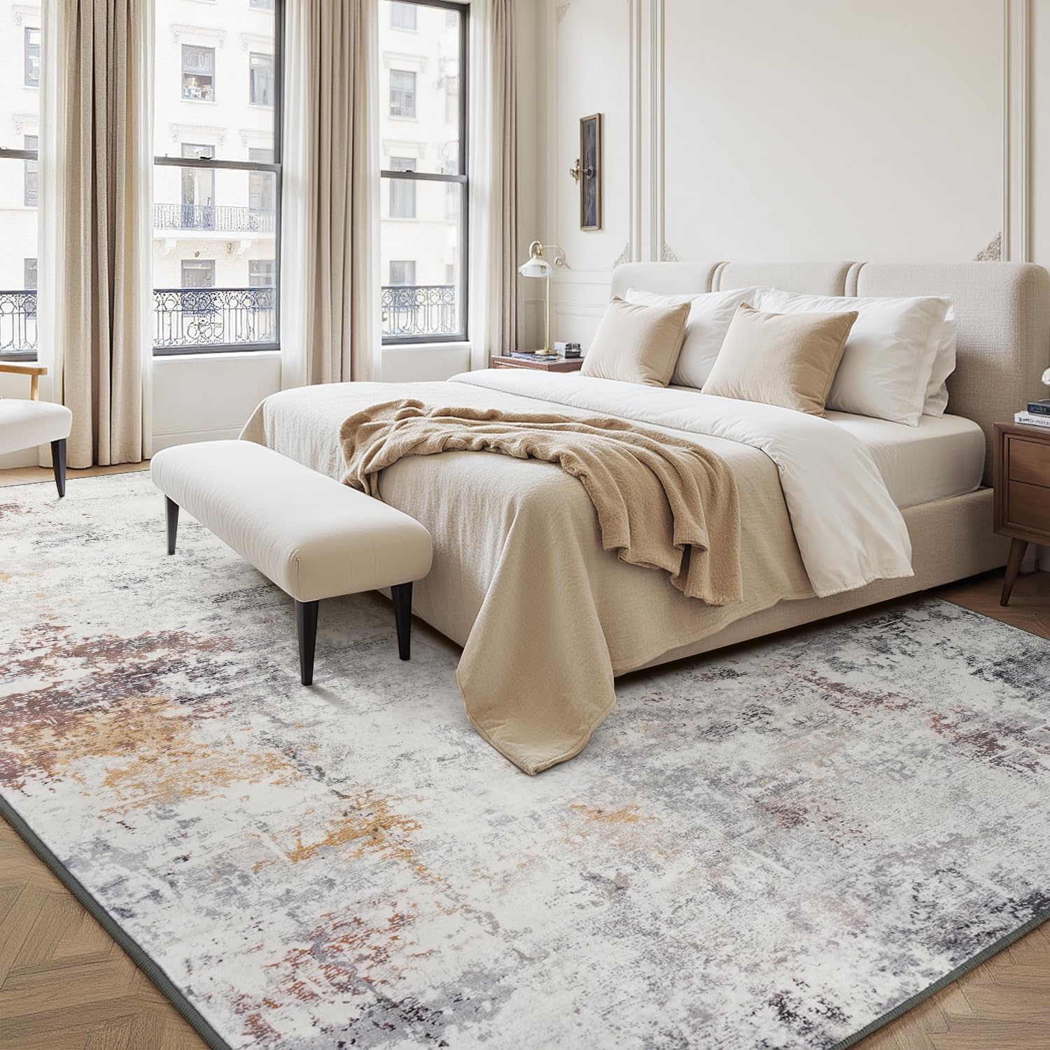 Rugflix 5x7 Area Rugs for Living Room, Washable Beige Grey Large Rug