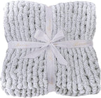 Bigacogo Chunky Knit Throw Blanket for Couch, 40x40 inches, 100% Hand Knitted with Thick Jumbo Chenille Yarn, Cozy Soft Large Rope Knot Cable Crochet Blankets for Sofa Bed Living Room, Light Grey