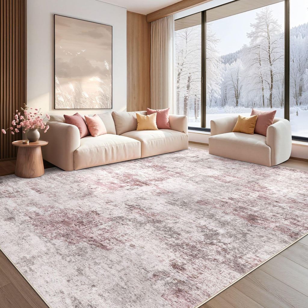 UERMEI 8x10 Washable Area Rug - Neutral Modern Abstract Living Room Rugs, Non-Slip Soft Large Indoor Floor Carpet for Bedroom Home Office & Under Dining Table Decor, Pink Grey