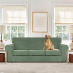 WEERRW 4 Pieces Velvet High Stretch Couch Covers for 3 Cushion Couch Sofa Slipcovers, Washable Furniture Protector with Non Slip Elastic Bottom, Feature Soft Plush Fabric, Greyish Green, Large