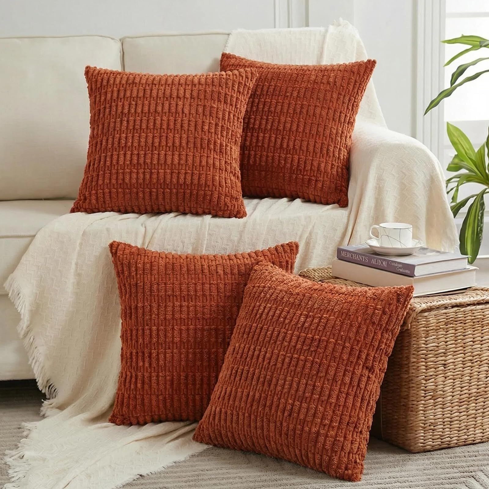 Fancy Homi 4 Packs Decorative Throw Pillow Covers for Living Room Couch Bed, Modern Farmhouse Boho Home Décor Accent Cushion Case, 20" x 20", Burnt Orange