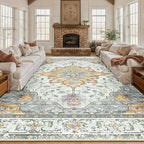 RELEANY Area Rugs 10'x12' Washable Non-Slip, Floral Vintage Distress Print Pattern Medallion Carpet for Living Room Bedroom Dining Room, Light Yellow Carbon Grey Orange