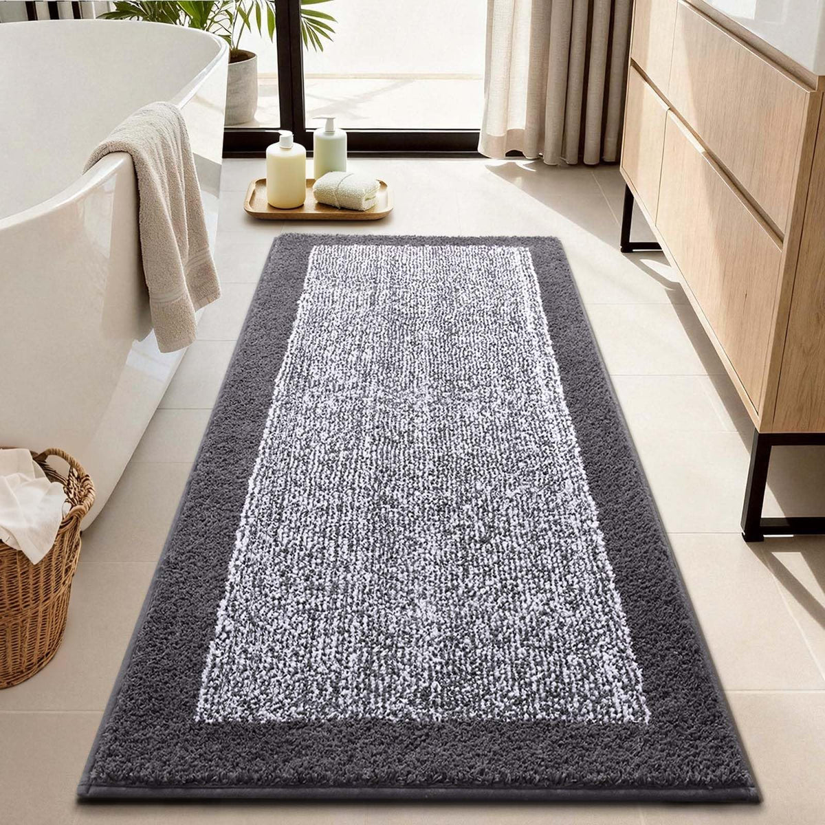 48x24 Long Bathroom Rugs Non Slip Washable, Soft Absorbent Bath Mat Black