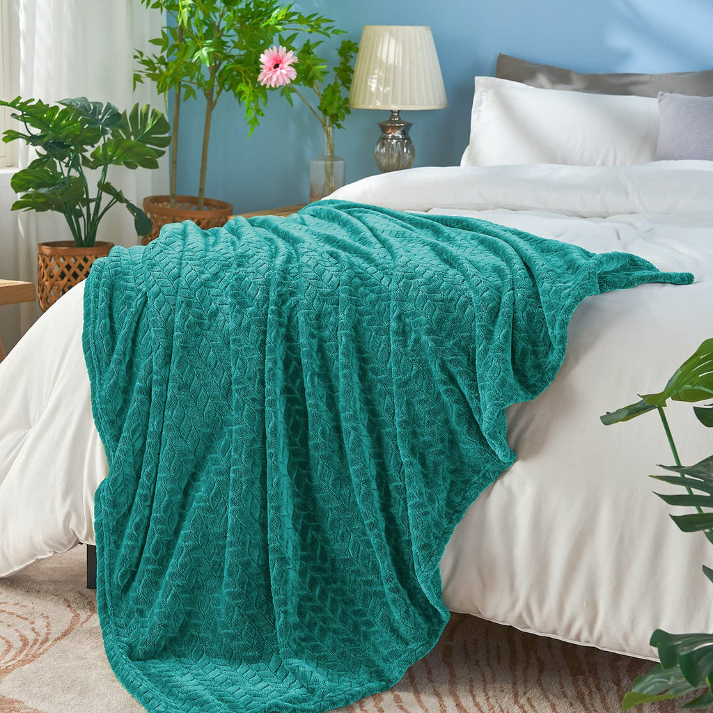 inhand Teal Fleece Twin Blanket, Super Soft Flannel Cozy Blankets for Adults, Lightweight Leaves Pattern Fuzzy Blanket for Couch Sofa Bed Office, Warm Plush Blankets for All Season, 60x90 Inches