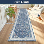 Yamaziot Washable Runner Rug 2x10 – Floral Non Slip Boho Hallway Runner Rug with Rubber Backing, Low Pile Faux Wool Distressed Carpet for Kitchen, Laundry, Bedroom, Entrance, Blue