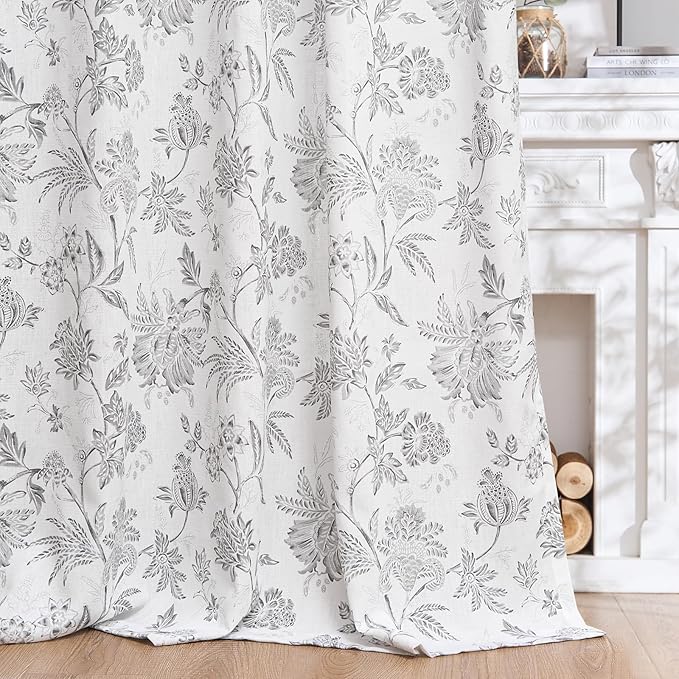 jinchan Linen Floral Curtains for Living Room, 96 Inch Length Curtains with Printed Flower Light Filtering Curtain, Rod Pocket Back Tab Gray Window Curtain Set 2 Panels Light Grey on White