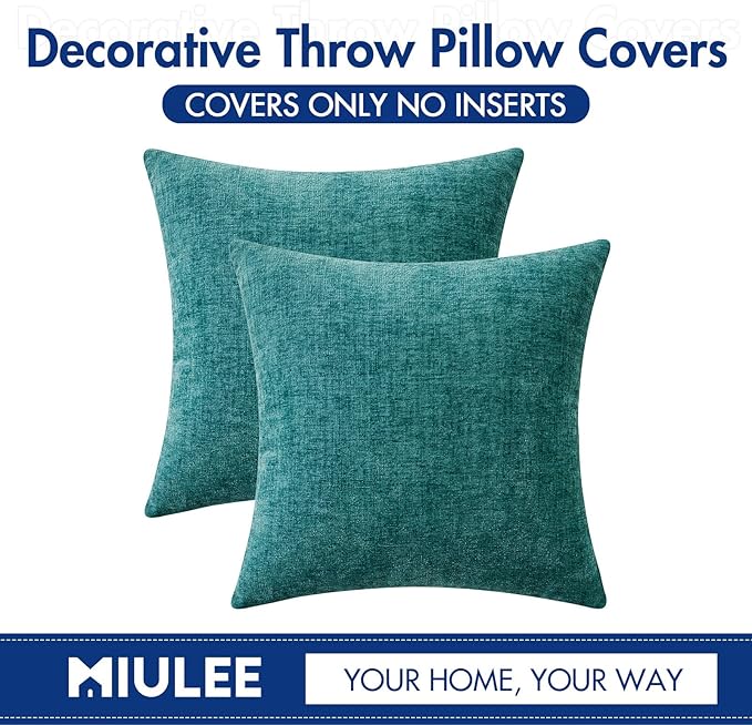 MIULEE Soft Chenille Euro Throw Pillow Covers Teal 26x26 Pack of 2