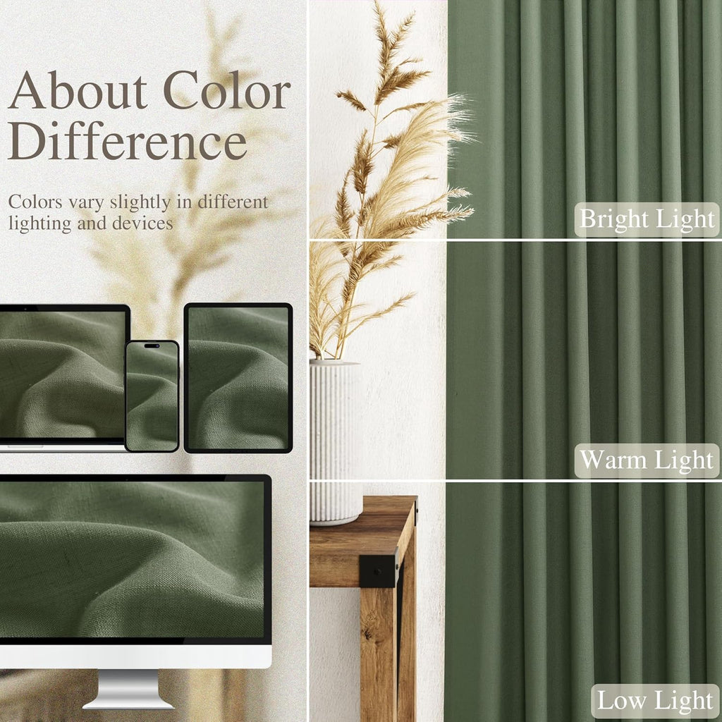 Nanspring Linen Kitchen Curtains 30 Inches Long 2 Panels Olive Green Semi Sheer Short Curtain Back Tab Rod Pocket Solid Privacy Cafe Tier Curtains for Cafe Bathroom Basement 36x30