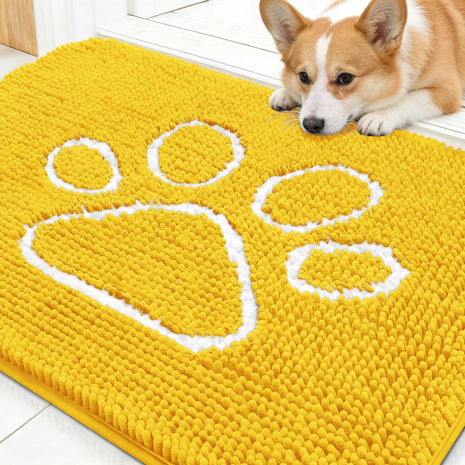 OLANLY Dog Door Mat for Muddy Paws 30x20, Paw Print Design Chenille Mud Mat