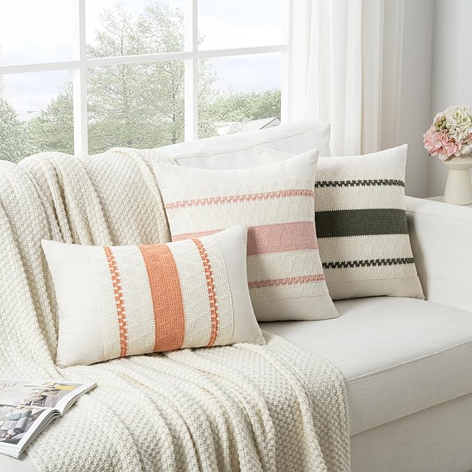Fancy Homi Set of 1 Boho Pink Decorative Throw Pillow Cover 20x20 Inch for Couch Bed Sofa, Aesthetic Modern Organic Farmhouse Home Decor, Soft Cotton Cute Accent Macrame Woven Cushion Case