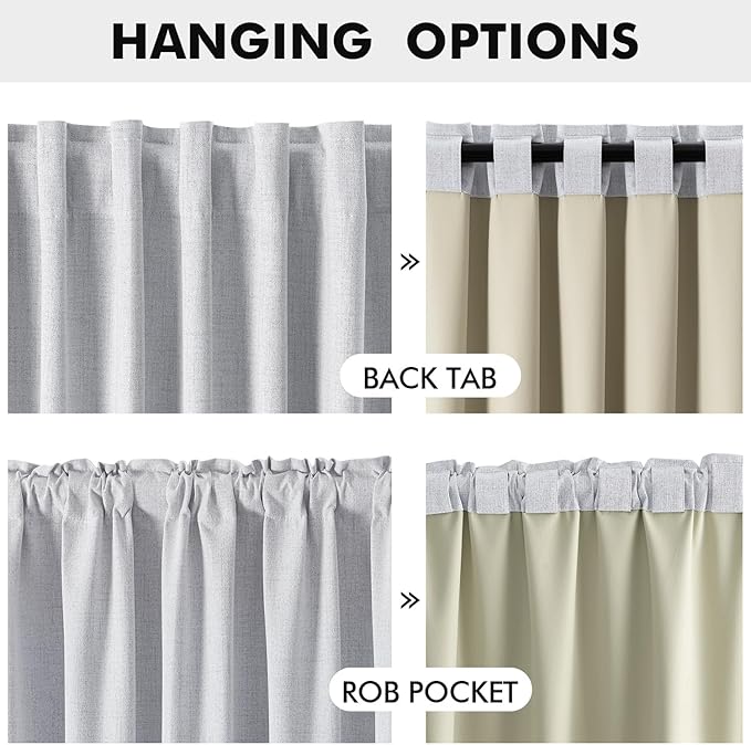 MIULEE 100% Blackout Linen Curtains for Bedroom, Grayish White Solid Luxury Decor Thermal Insulation Room Darkening Drapes for Living Room Nursery Back Tab Rod Pocket 42 x 108 Inches, 2 Panels