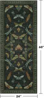 Hazo Haus Dark Green Insect 2x5 Bathroom Runner Rug - Washable Non Slip Runners for Kitchen, Laundry Room, Front Door Mat Entrance, Nature Floral Indoor Floor Décor, Thin Low Pile with Rubber Backed
