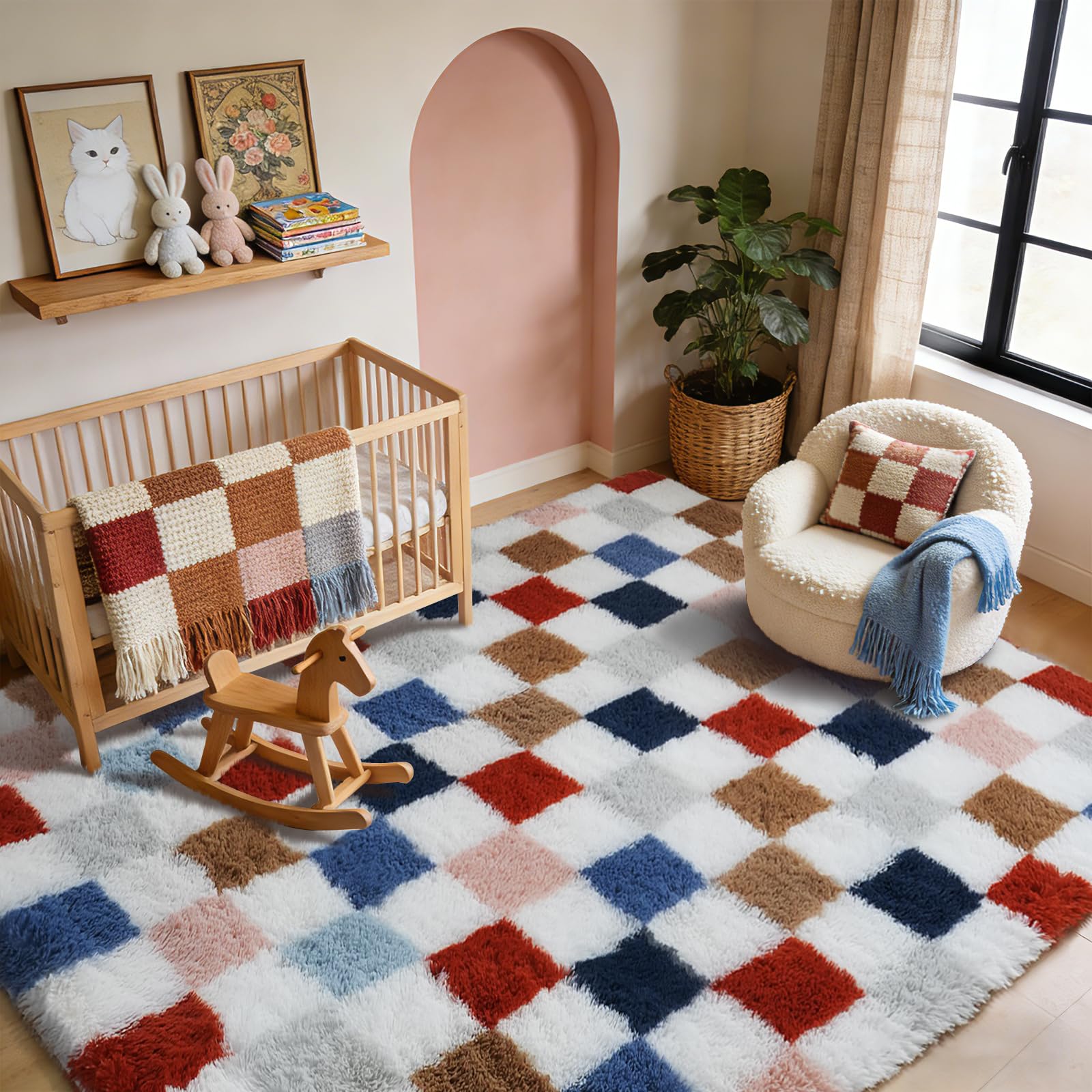 Shag Area Rug for Bedroom Living Room,6x9 Fluffy Soft Colorful Checkered Rug Fuzzy Shaggy Bedroom Carpet,Indoor Plush Floor Rugs for Teen Dorm Home Decor