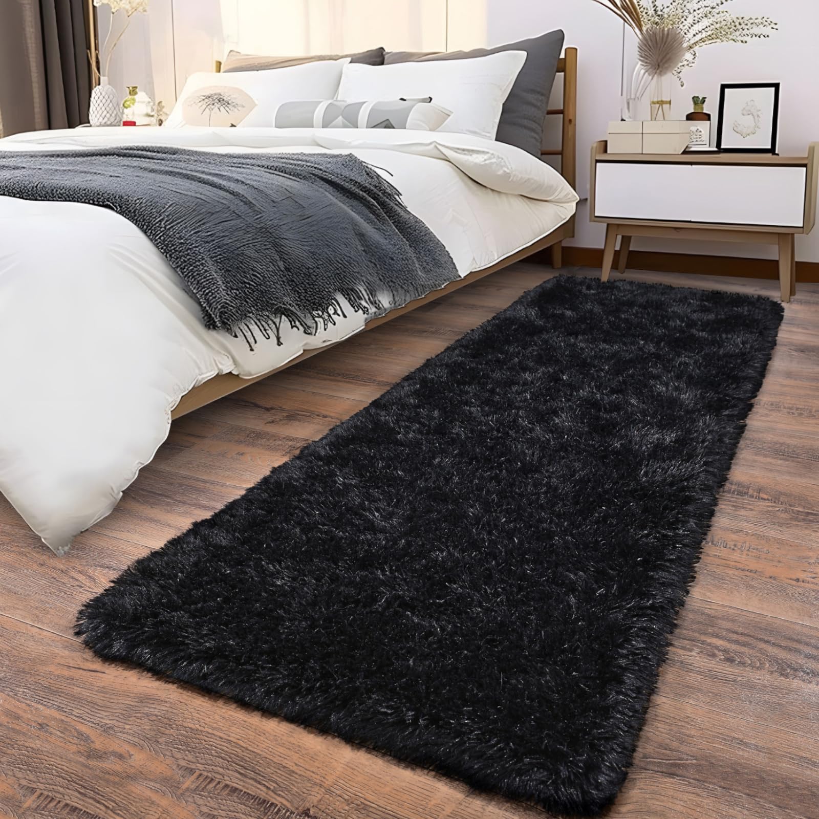 Ailyei Fluffy Shag Runner Rugs for Bedroom Hallways, 2x8 Black Long Soft Throw Area Rug Non Slip for Bedside Dorm, Shaggy Furry Carpet for Nursery Living Room Home Decor