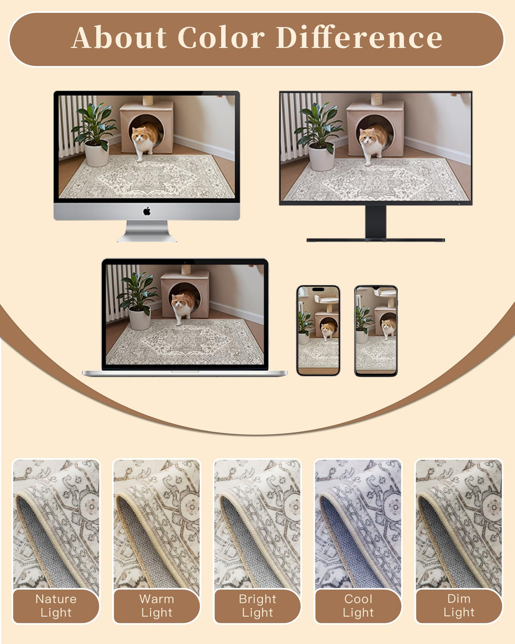 Madane 8x10 Area Rugs for Living Room, Non-Slip Washable Rug, Beige/Brown