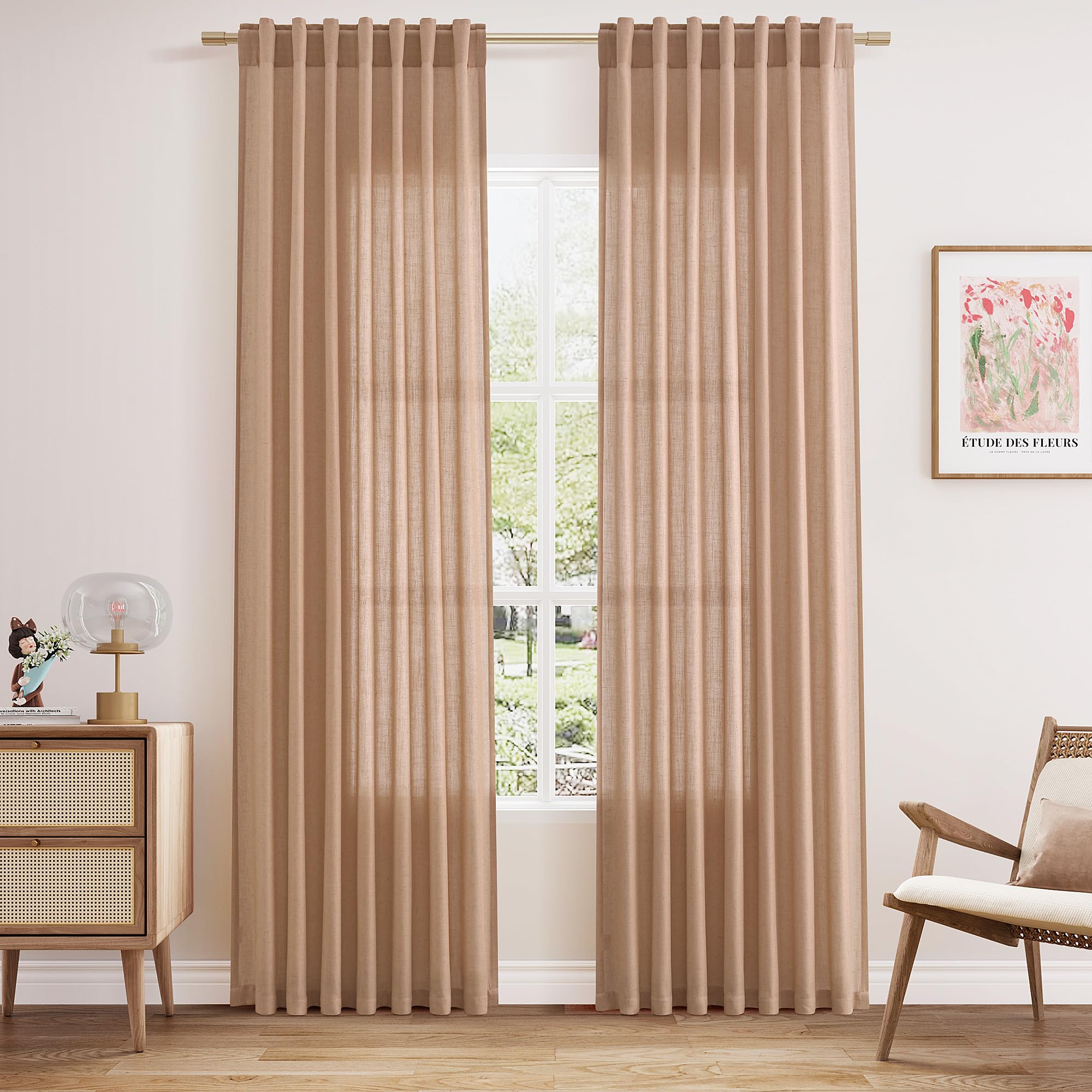 Nanspring Peach Linen Curtains 84 inches Long for Living Room Back Tab Luxury Light Filtering Privacy Sheer Curtain Modern Farmhouse Decor Boho Cotton Textured Gauze Drapes for Bedroom 2 Panels