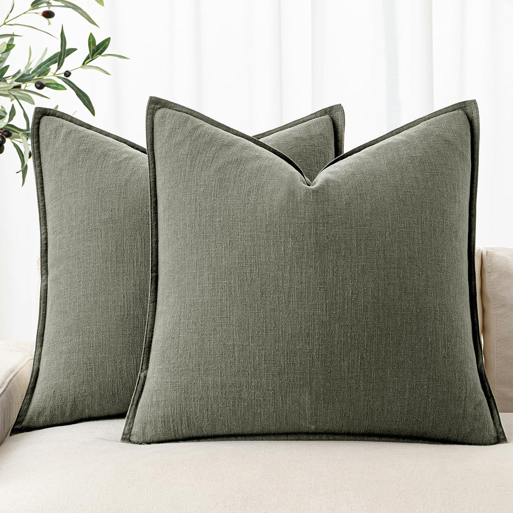 MIULEE Decorative Linen Euro Sham Pillow Covers 24x24 Inch Olive Green