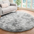 ONASAR Round Rugs 5ft for Bedroom Living Room, Fluffy Tie-Dyed Light Grey Circle Area Rug for Kids Girls Boys Teen, Soft Plush Shaggy Carpet for Nursery Dorm Classroom Playroom Home Decor Aesthetic