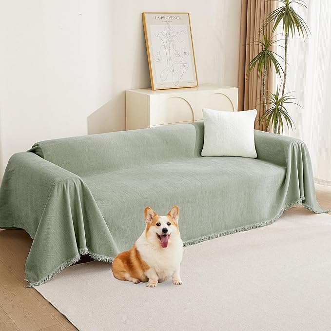 MYSKY HOME Easy Fitted Couch Cover for Dogs Stain Resistant Couch Cover Sage Sofa Covers for 2 Cushion Couch Multi-Use Sectional Couch Covers for Loveseat Universal Tassel Sofa Throw 91"X 118"