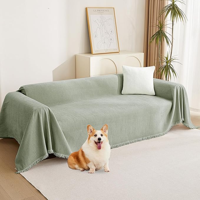 MYSKY HOME Sectional Couch Cover Blanket Living Room Furniture Protector for Pets, Farmhouse Home Decor Sofa Covers Tassel Chenielle Sofa Slipcover Soft Throw Couch for Dogs, 71" X 150", Sage Green
